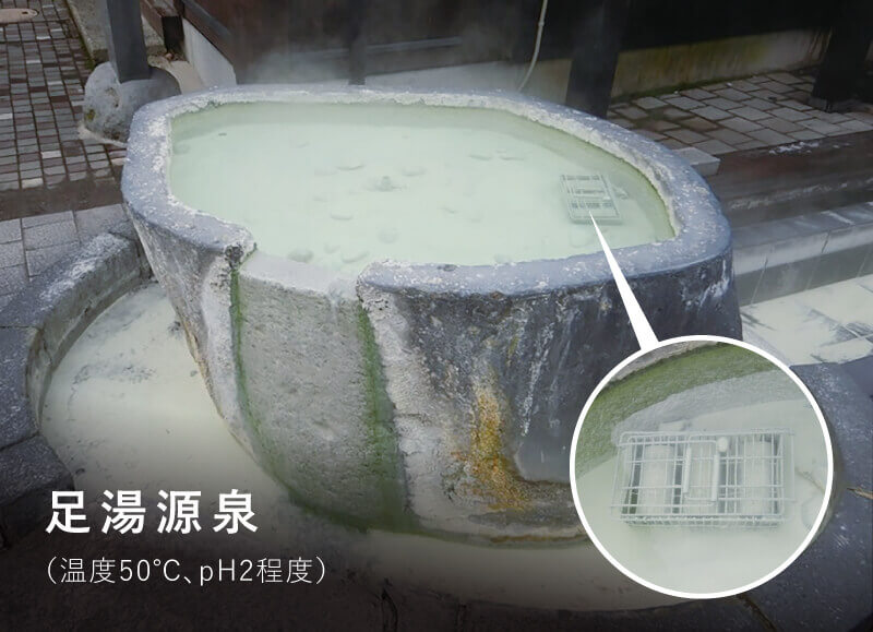 足湯源泉（温度50℃、pH2程度）